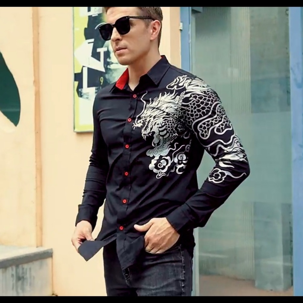 Jeansian Black Shirt with Red Accents & Dragon Print – Men’s Size M